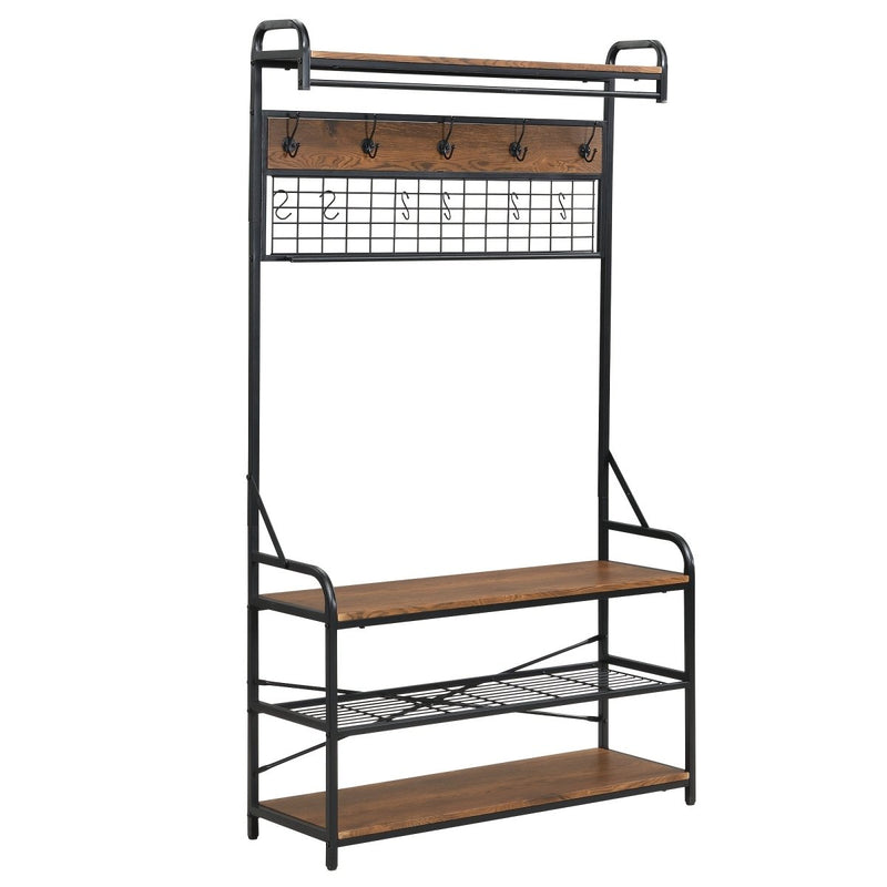 Danoz Furniture - 5 - in - 1 Entryway Hall Tree and 3 Tier Storage Bench, Pipe Style Coat Rack with 9 Hooks, Rustic Brown - danozdirect