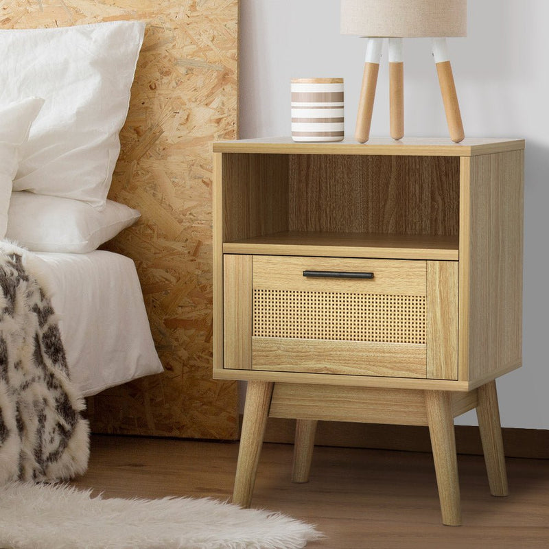 Danoz Furniture - Artiss Rattan Bedside Table 1 Drawer with Shelf - REI Oak - danozdirect