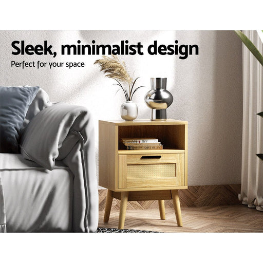 Danoz Furniture - Artiss Rattan Bedside Table 1 Drawer with Shelf - REI Oak - danozdirect