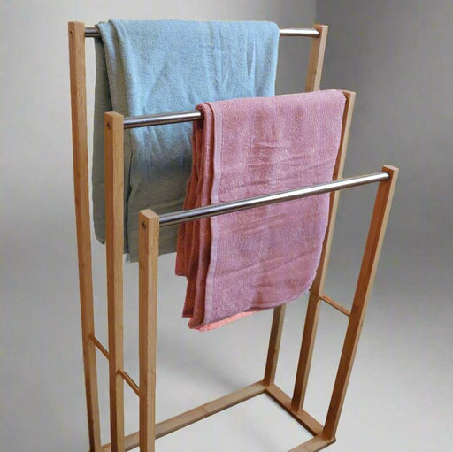 Danoz Furniture - Bamboo Towel Bar Metal Holder Rack 3 - Tier Freestanding for Bathroom and Bedroom - danozdirect