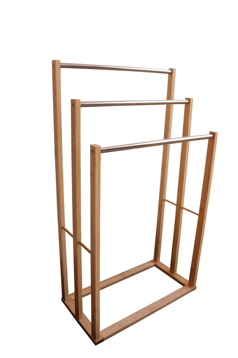 Danoz Furniture - Bamboo Towel Bar Metal Holder Rack 3 - Tier Freestanding for Bathroom and Bedroom - danozdirect