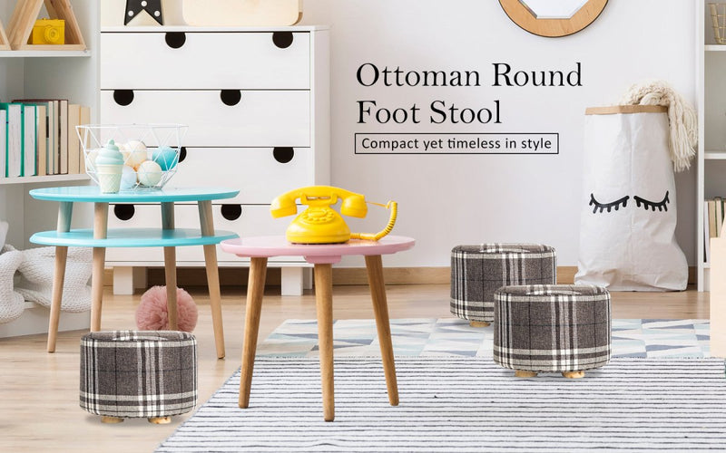 Danoz Furniture - Fabric Ottoman Round Wooden Leg Foot Stool - LATTICE - danozdirect