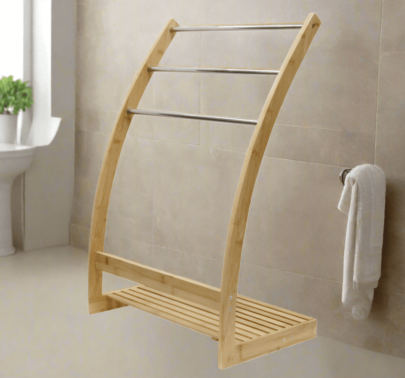 Danoz Furniture - Upgrade your bathroom storage with our Bamboo Towel Bar Metal Holder Rack 3 - Tier Freestanding and Bottom shelf - danozdirect