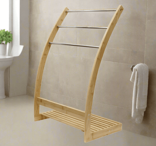 Danoz Furniture - Upgrade your bathroom storage with our Bamboo Towel Bar Metal Holder Rack 3 - Tier Freestanding and Bottom shelf - danozdirect