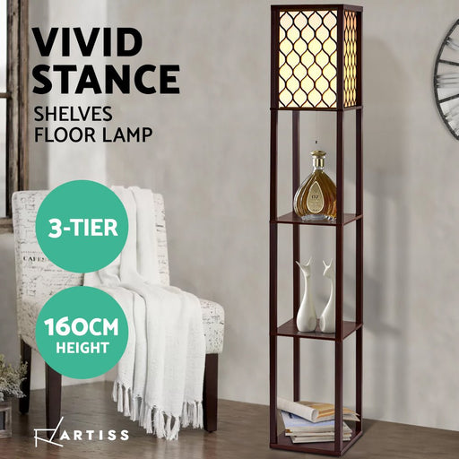 Danoz Furniture🪑Artiss Floor Lamp 3 Tier Shelf Storage LED Light Stand Home Room Pattern Brown - danozdirect