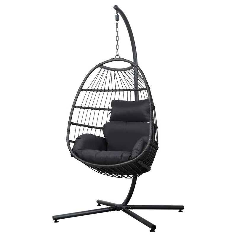 Danoz Gardeon Outdoor Egg Swing Chair Hanging Chair Wicker Rope Pod Stand Foldable Grey - danozdirect