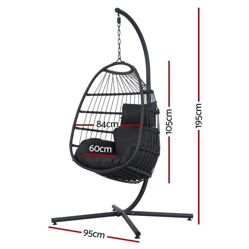 Danoz Gardeon Outdoor Egg Swing Chair Hanging Chair Wicker Rope Pod Stand Foldable Grey - danozdirect