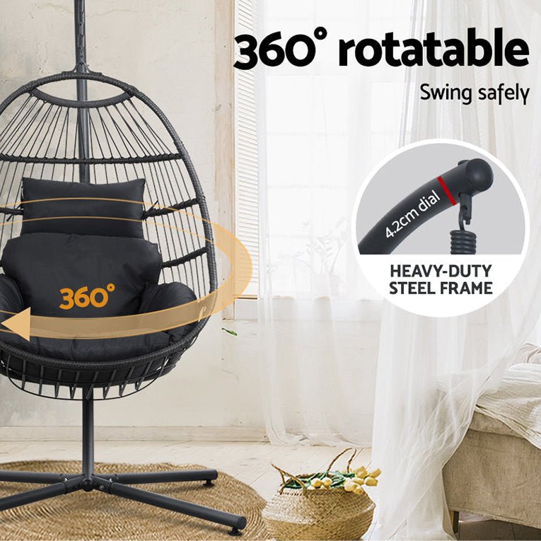 Danoz Gardeon Outdoor Egg Swing Chair Hanging Chair Wicker Rope Pod Stand Foldable Grey - danozdirect