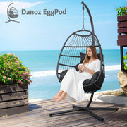 Danoz Gardeon Outdoor Egg Swing Chair Hanging Chair Wicker Rope Pod Stand Foldable Grey - danozdirect