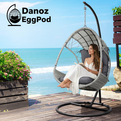 Danoz Gardeon Outdoor EggPod Swing Chair Wicker Furniture Pod Stand Armrest Light Grey - danozdirect