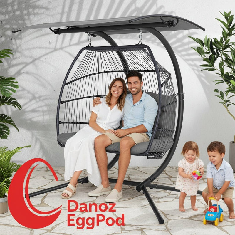 Danoz Gardeon Outdoor EggPod Swing Chair Wicker Furniture Pod Stand Canopy 2 Seater Grey - danozdirect