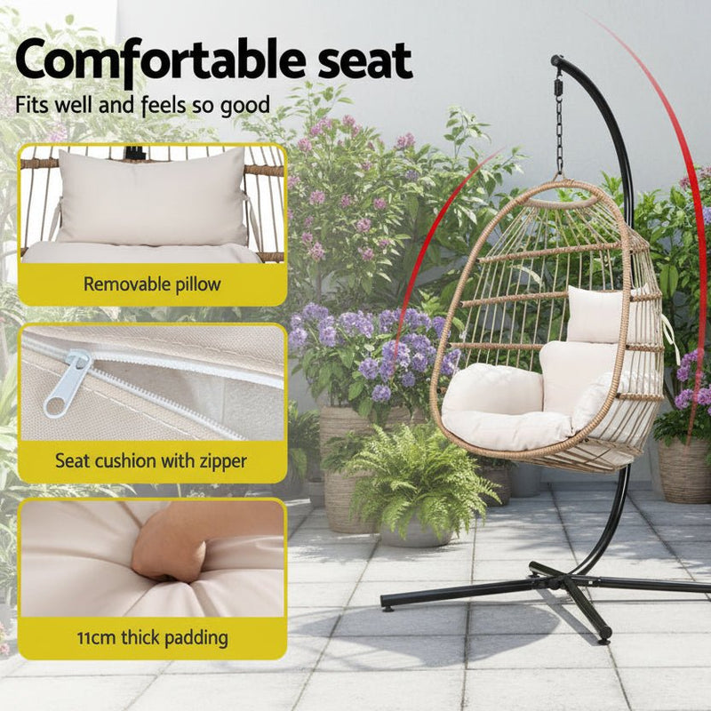 Danoz Gardeon Outdoor EggPod Swing Chair Wicker Rope Furniture Pod Stand Foldable Yellow - danozdirect