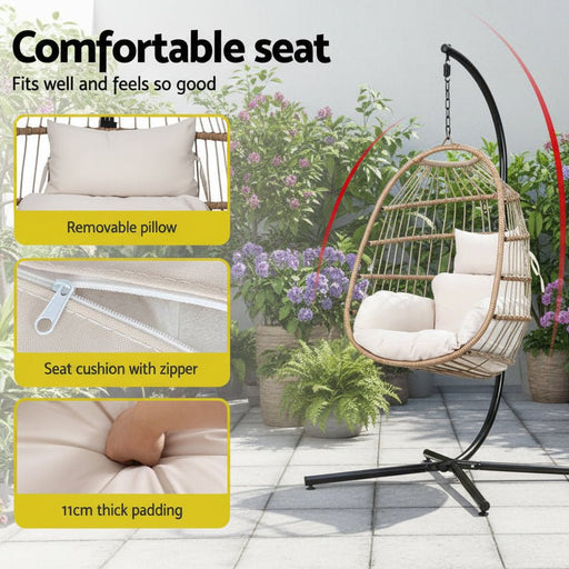 Danoz Gardeon Outdoor EggPod Swing Chair Wicker Rope Furniture Pod Stand Foldable Yellow - danozdirect