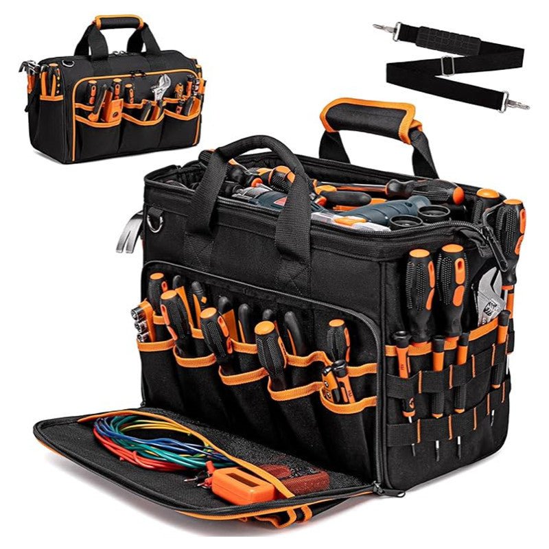 Danoz Heavy - Duty 17 - Inch Tool Bag with 46 Pockets, Waterproof Base & Shoulder Strap(Black Orange) - danozdirect
