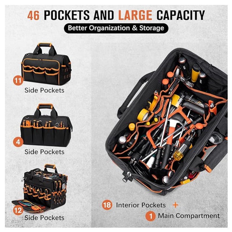 Danoz Heavy - Duty 17 - Inch Tool Bag with 46 Pockets, Waterproof Base & Shoulder Strap(Black Orange) - danozdirect