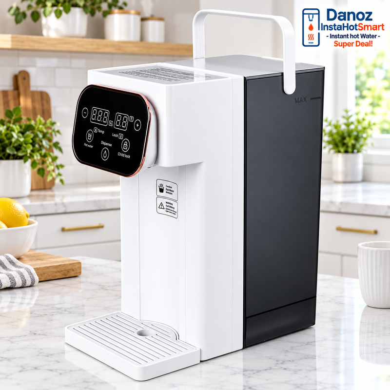 Danoz InstaHotSmart instant hot water dispenser in a bright modern kitchen