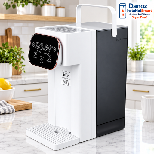 Danoz InstaHotSmart instant hot water dispenser in a bright modern kitchen
