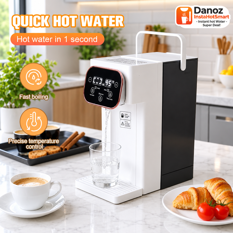 Danoz InstaHotSmart instant hot water dispenser in a bright modern kitchen