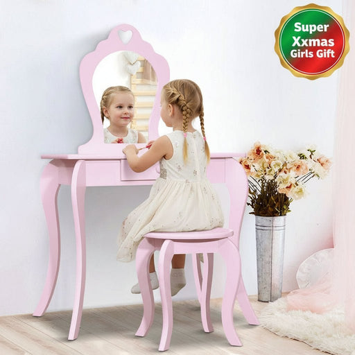 Danoz Kids - Keezi Kids Dressing Table Stool Set Vanity Mirror Princess Children Makeup Pink - danozdirect