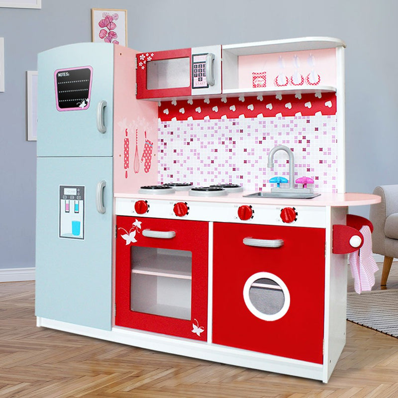 Danoz Kids - Keezi Kids Kitchen Play Set Wooden Pretend Toys Cooking Children Fridge Oven Red - danozdirect