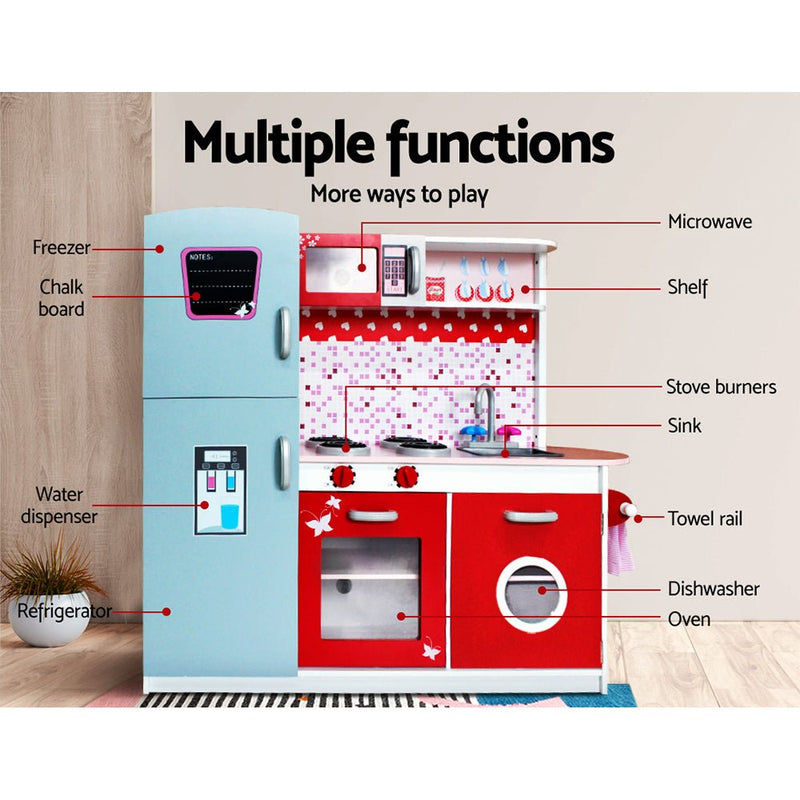 Danoz Kids - Keezi Kids Kitchen Play Set Wooden Pretend Toys Cooking Children Fridge Oven Red - danozdirect