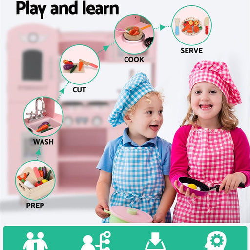 Danoz Kids - Keezi Kids Kitchen Play Set Wooden Pretend Toys Cooking Children Storage Pink - danozdirect