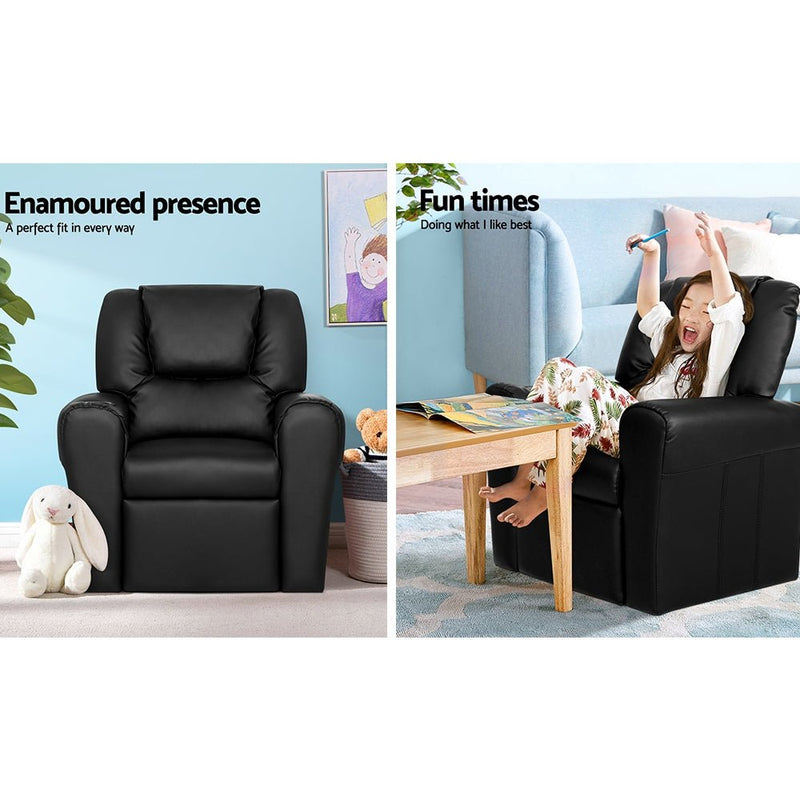 Danoz Kids - Keezi Kids Recliner Chair PU Leather Sofa Lounge Couch Children Armchair Black - danozdirect