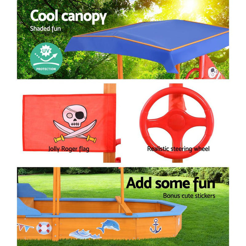 Danoz Kids - Keezi Kids Sandpit Wooden Boat Sand Pit with Canopy Bench Seat Beach Toys 150cm - danozdirect