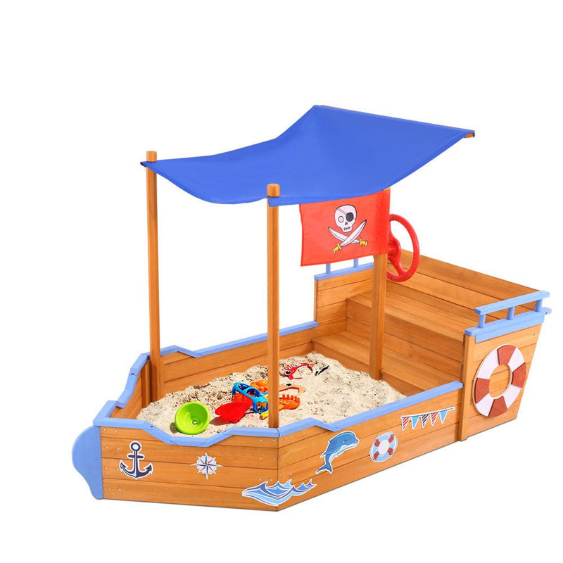 Danoz Kids - Keezi Kids Sandpit Wooden Boat Sand Pit with Canopy Bench Seat Beach Toys 165cm - danozdirect