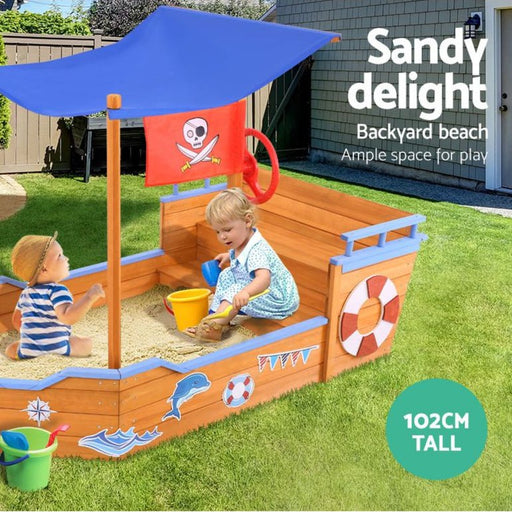 Danoz Kids - Keezi Kids Sandpit Wooden Boat Sand Pit with Canopy Bench Seat Beach Toys 165cm - danozdirect