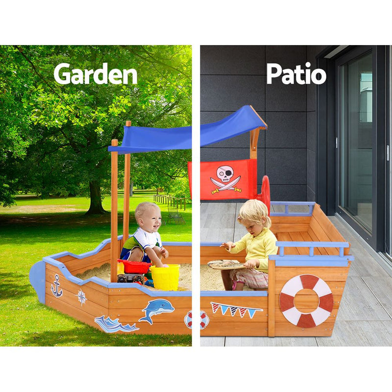 Danoz Kids - Keezi Kids Sandpit Wooden Boat Sand Pit with Canopy Bench Seat Beach Toys 165cm - danozdirect