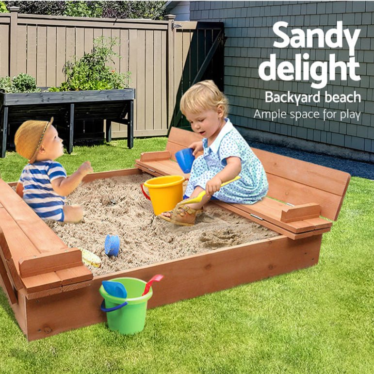 Danoz Kids - Keezi Kids Sandpit Wooden Sandbox Sand Pit Foldable Seat Outdoor Beach Toys 90cm - danozdirect