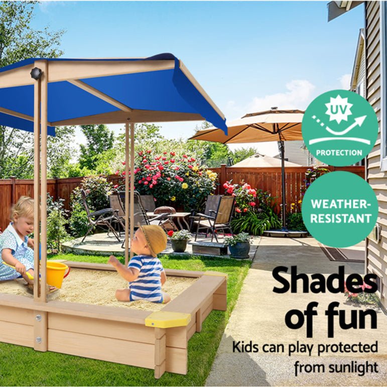 Danoz Kids - Keezi Kids Sandpit Wooden Sandbox Sand Pit with Canopy Bench Seat Toys 101cm - danozdirect