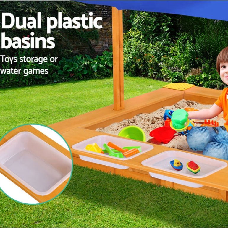Danoz Kids - Keezi Kids Sandpit Wooden Sandbox Sand Pit with Canopy Water Basin Toys 103cm - danozdirect