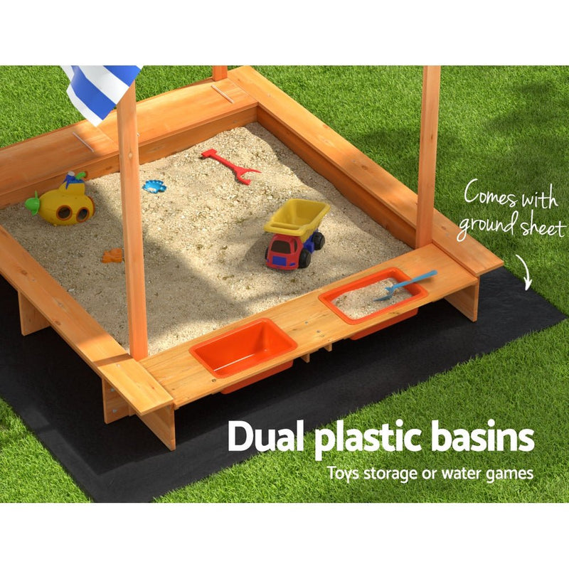 Danoz Kids - Keezi Kids Sandpit Wooden Sandbox Sand Pit with Canopy Water Basin Toys 146cm - danozdirect