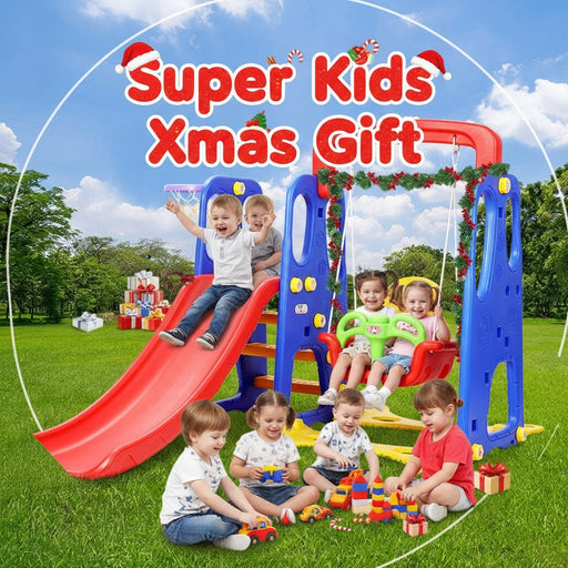 Danoz Kids - Keezi Kids Slide Swing Set Basketball Hoop Outdoor Playground Toys 120cm Blue - danozdirect