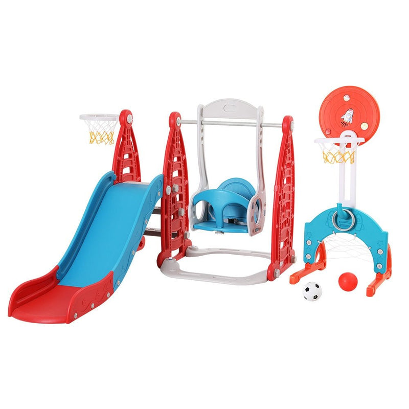 Danoz Kids - Keezi Kids Slide Swing Set Basketball Hoop Rings Football Outdoor Toys 140cm Red - danozdirect
