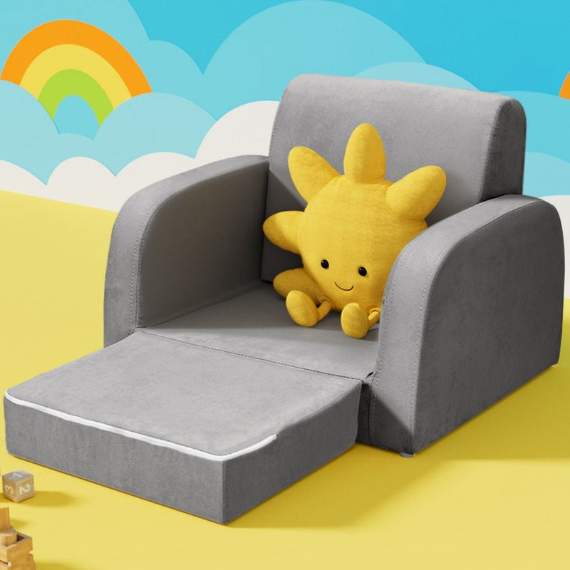 Danoz Kids - Keezi Kids Sofa 1 Seater Children Flip Open Couch Lounger Armchair Soft Grey - danozdirect