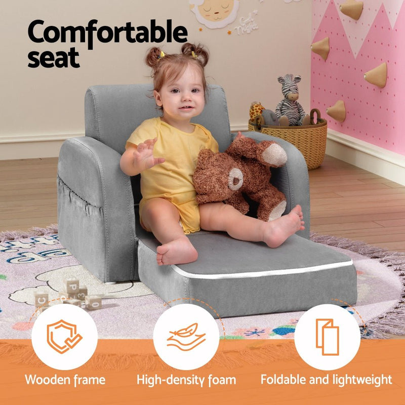 Danoz Kids - Keezi Kids Sofa 1 Seater Children Flip Open Couch Lounger Armchair Soft Grey - danozdirect