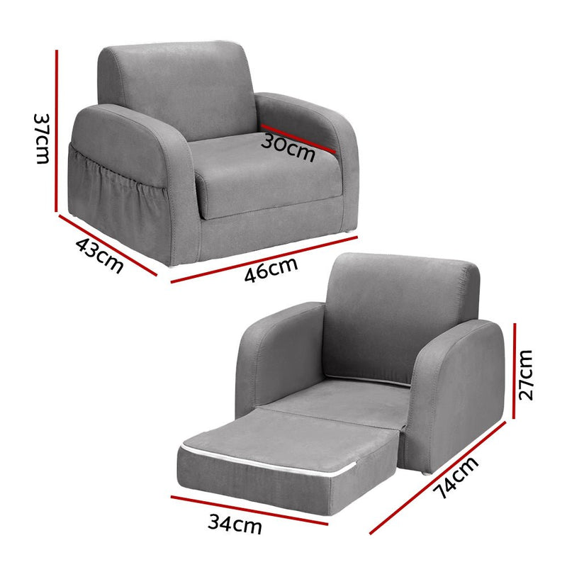 Danoz Kids - Keezi Kids Sofa 1 Seater Children Flip Open Couch Lounger Armchair Soft Grey - danozdirect