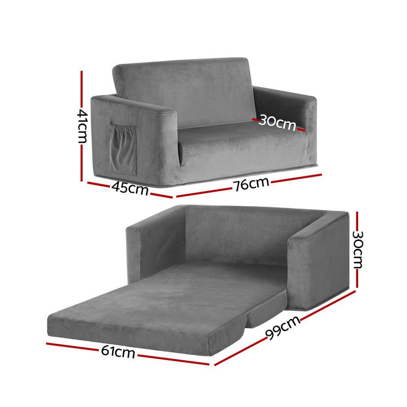 Danoz Kids - Keezi Kids Sofa 2 Seater Children Flip Open Couch Velvet Armchair Grey - danozdirect