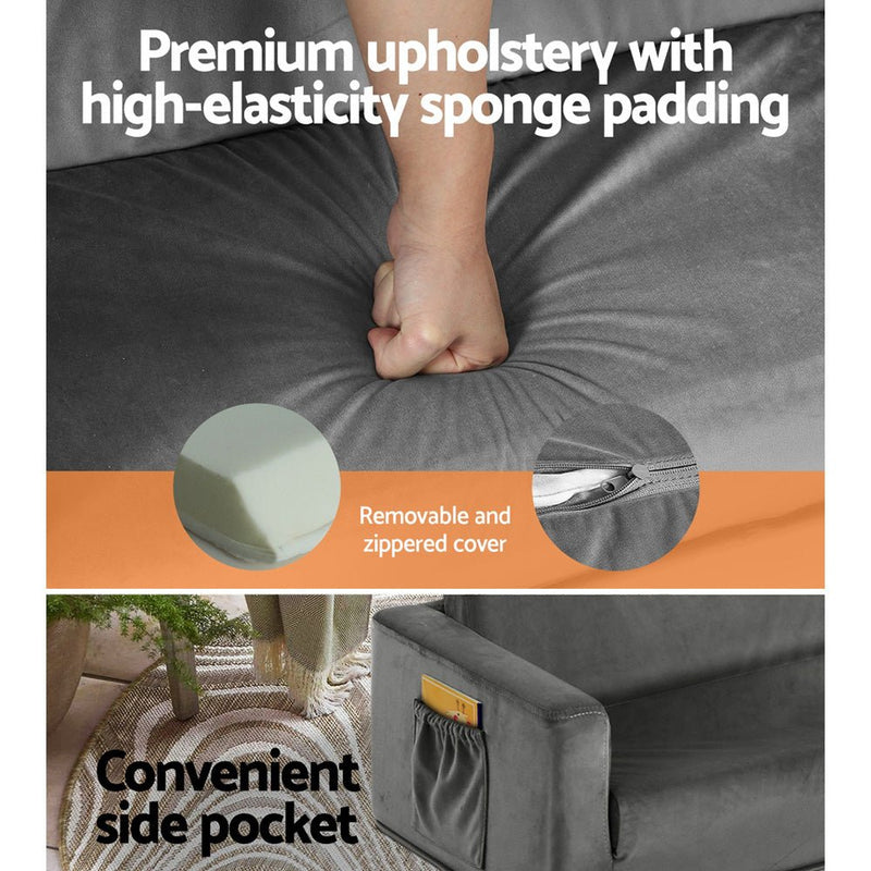 Danoz Kids - Keezi Kids Sofa 2 Seater Children Flip Open Couch Velvet Armchair Grey - danozdirect