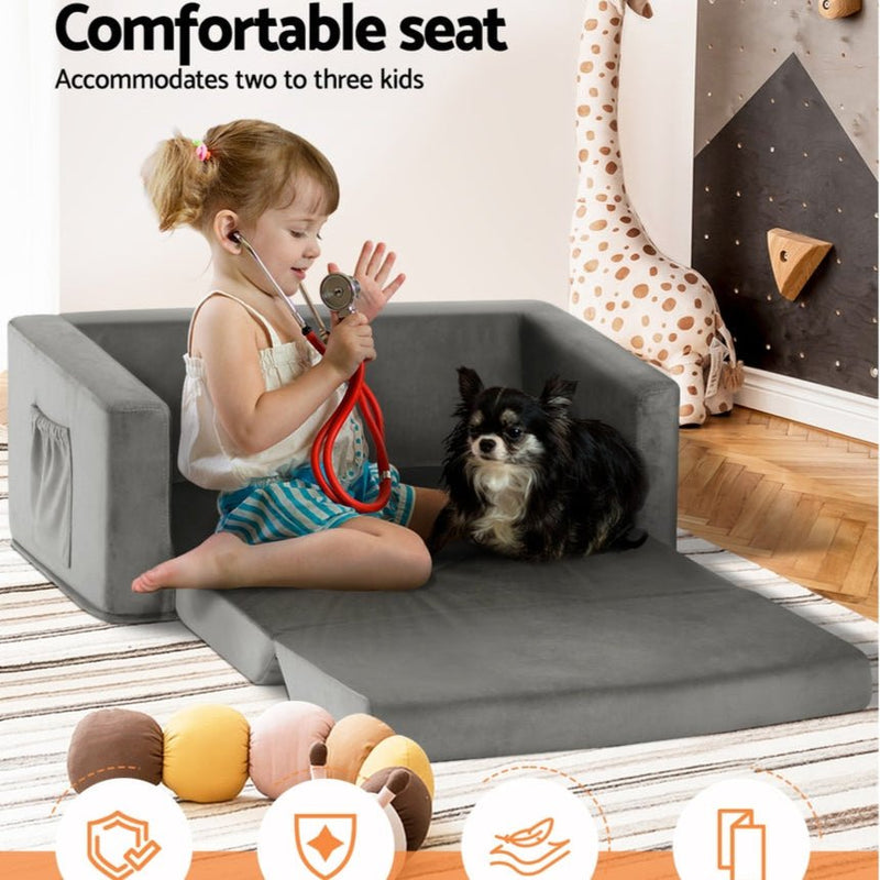 Danoz Kids - Keezi Kids Sofa 2 Seater Children Flip Open Couch Velvet Armchair Grey - danozdirect