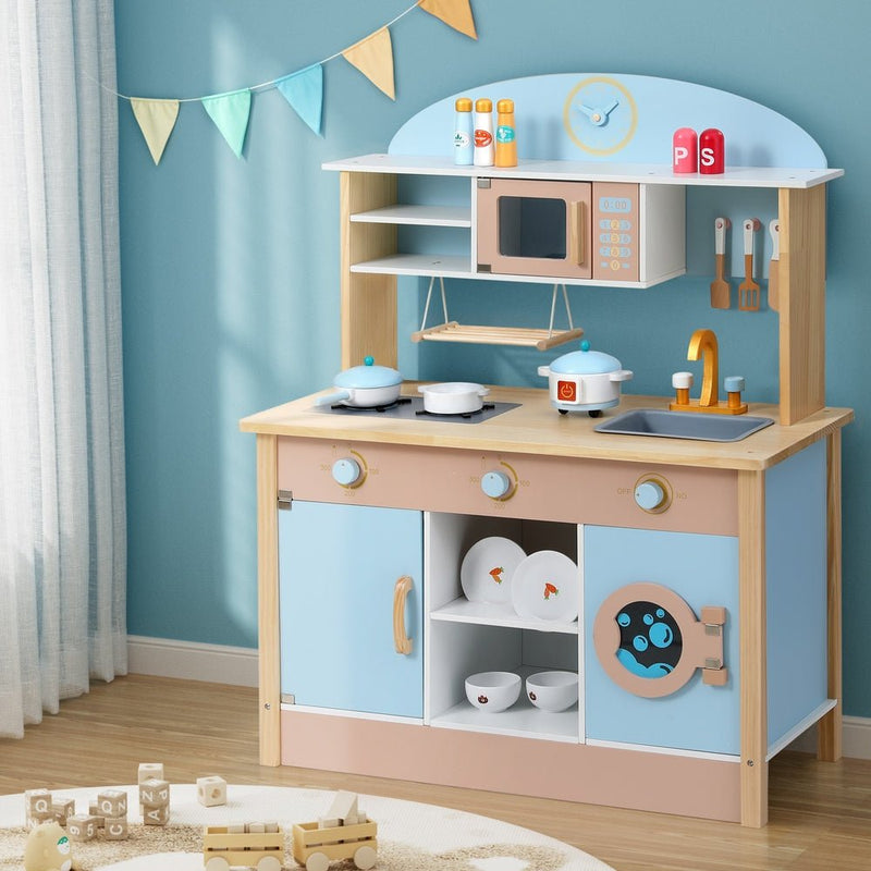 Danoz Kids - Keezi Kids Wooden Pretend Kitchen Play Sets Cooking Toys Pot Pan Bowls Oven Dishwasher 80CM Blue - danozdirect
