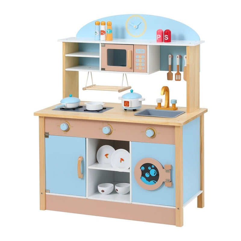 Danoz Kids - Keezi Kids Wooden Pretend Kitchen Play Sets Cooking Toys Pot Pan Bowls Oven Dishwasher 80CM Blue - danozdirect