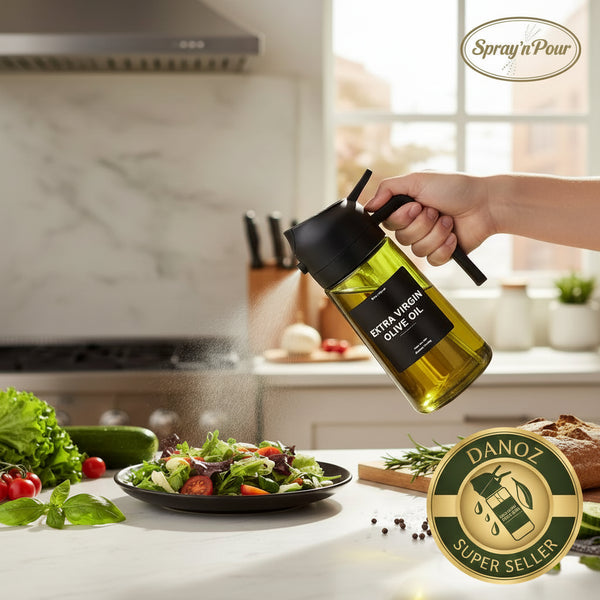 Danoz Kitchen - 470 ml Oil Sprayer for Cooking,2 - in - 1 Olive Oil Dispenser and Oil Spray Bottle,Oil Spray with Stickers,Thick Glass Spray Bottle - danozdirect