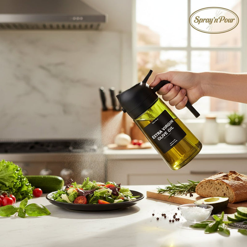 Danoz Kitchen - 470 ml Oil Sprayer for Cooking,2 - in - 1 Olive Oil Dispenser and Oil Spray Bottle,Oil Spray with Stickers,Thick Glass Spray Bottle - danozdirect