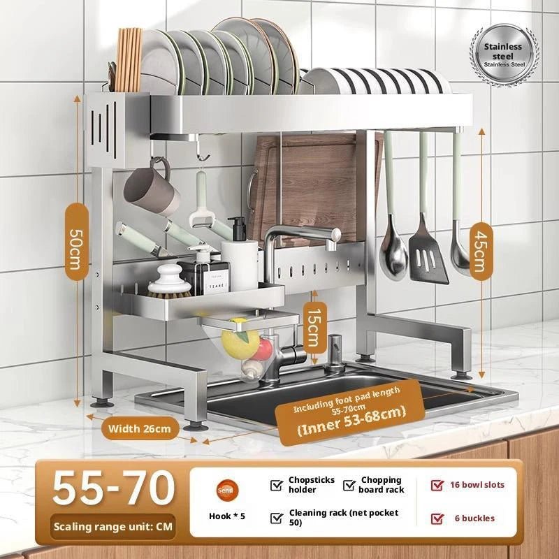 Danoz Kitchen - Adjustable Sink Drying Rack Over The Sink Dish Drying Holder Stainless Steel Kitchen Storage Dish Drainer Auto Drainage Hanger - danozdirect