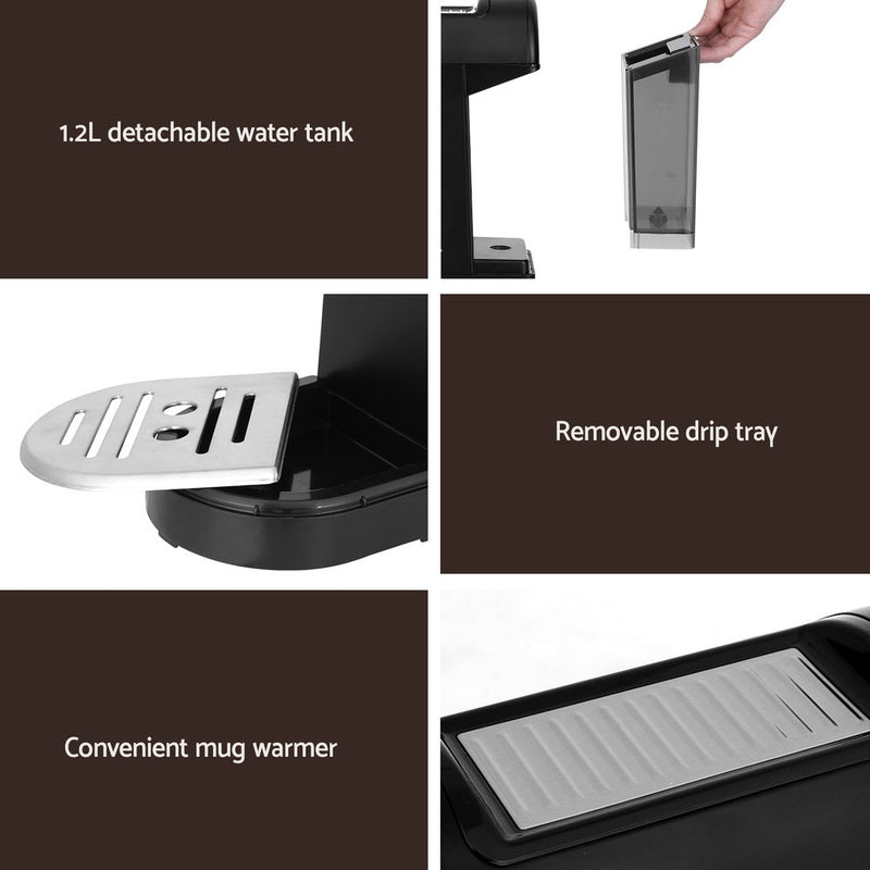 Danoz Kitchen - Devanti 20 Bar Coffee Machine Espresso Cafe Maker Black - Incl. Delivery - danozdirect