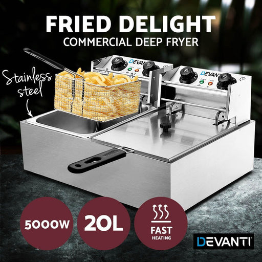 Danoz Kitchen - Devanti 20L Electric Commercial Deep Fryer Double Baskets 4400W Incl. Delivery - danozdirect